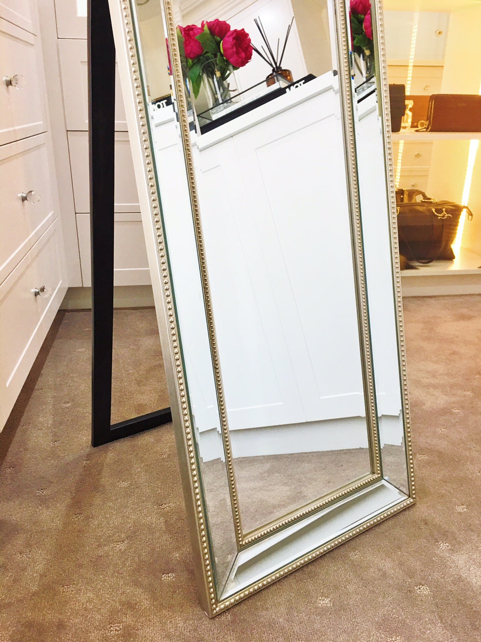 GLAM Beaded Silver Cheval Mirror